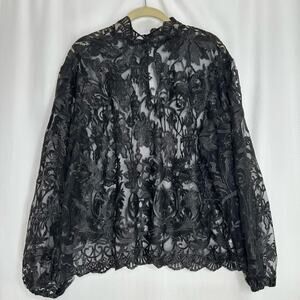 Eloquii black lace blouse 2X sheer high neck long sleeves